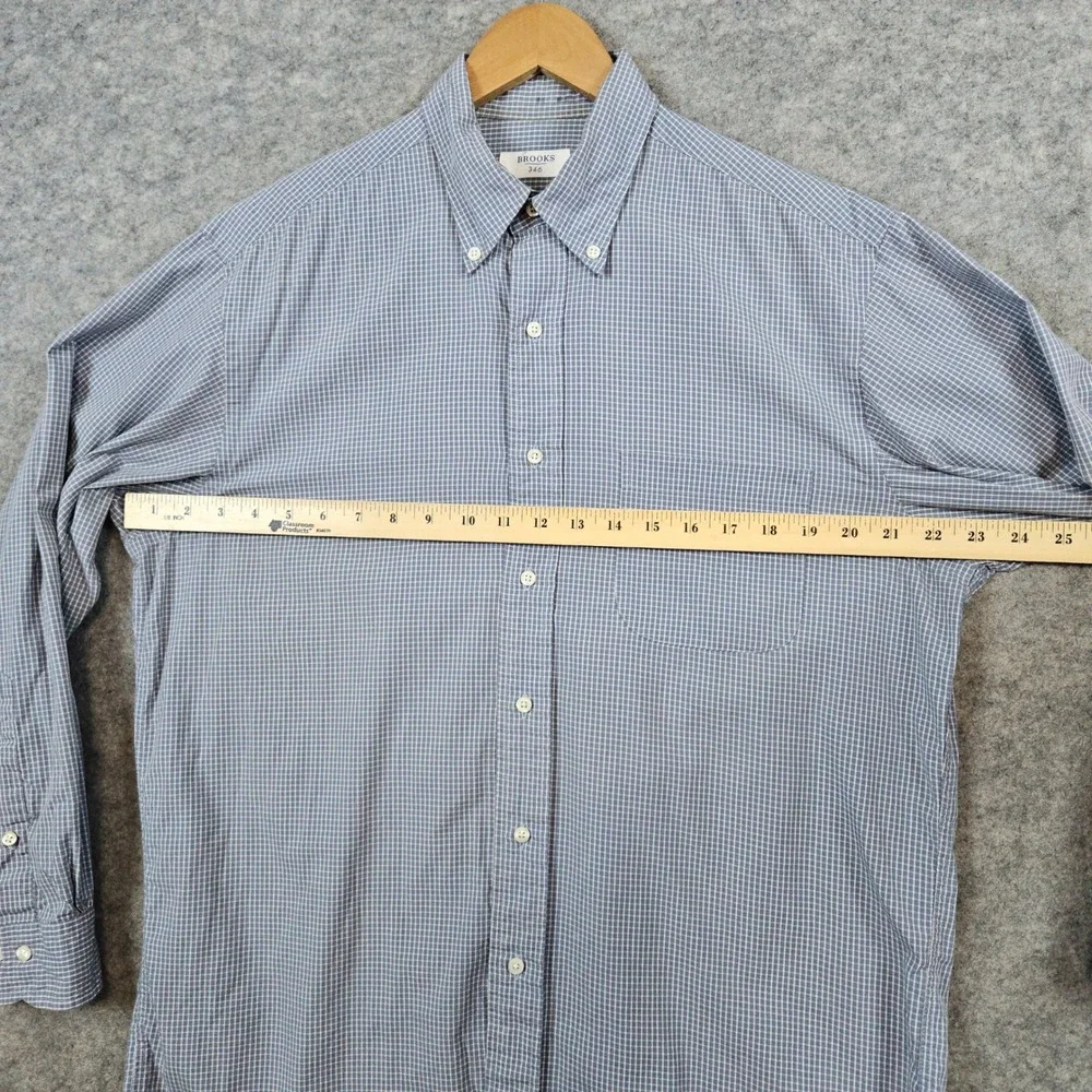 Brooks 346 Men's Gray Checks Dress Shirt Size M 15 1/2 - 32/33 100% Cotton STAIN